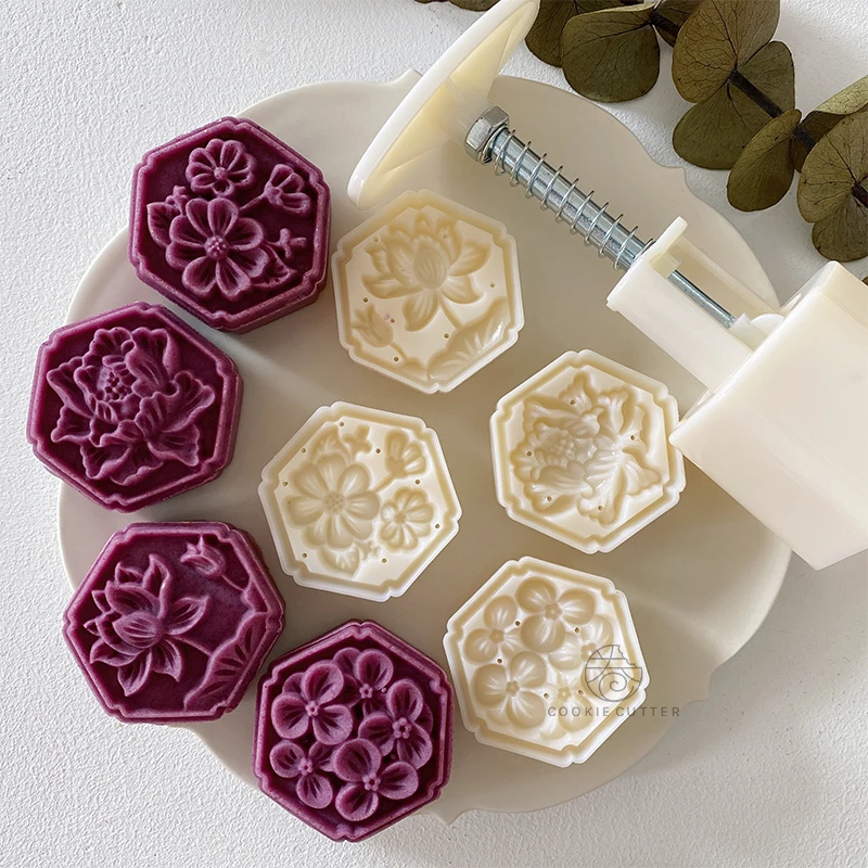 

5Pcs/Set 50g Hexagonal Flower Mooncake Mold Lotus Hydrangea Peony Camellia Mung Bean Pastry ABS Pladtic Baking Mold Decorator