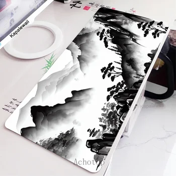 블랙 앤 화이트 노트북 게이머 마우스 패드, 게이밍 마우스 패드, 잉크 앤 워시 대형 러그 잠금 가장자리 키보드, CSGO용 책상 매트, 100x50cm