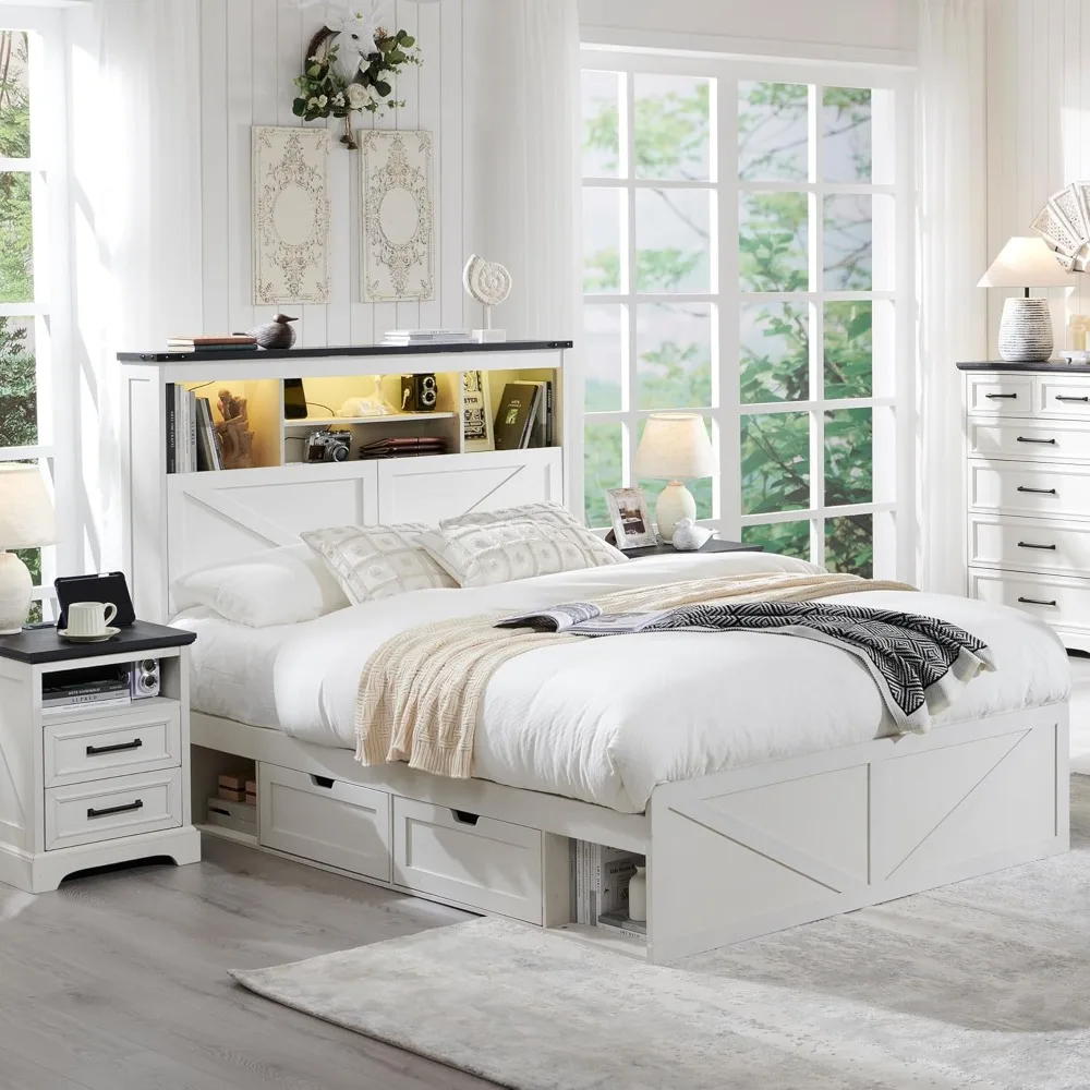 Noiseless Base Beds and Frames No Box Spring Needed- Luxury White Bedroom Furniture LED Light Bed Headboard Charging Station 3