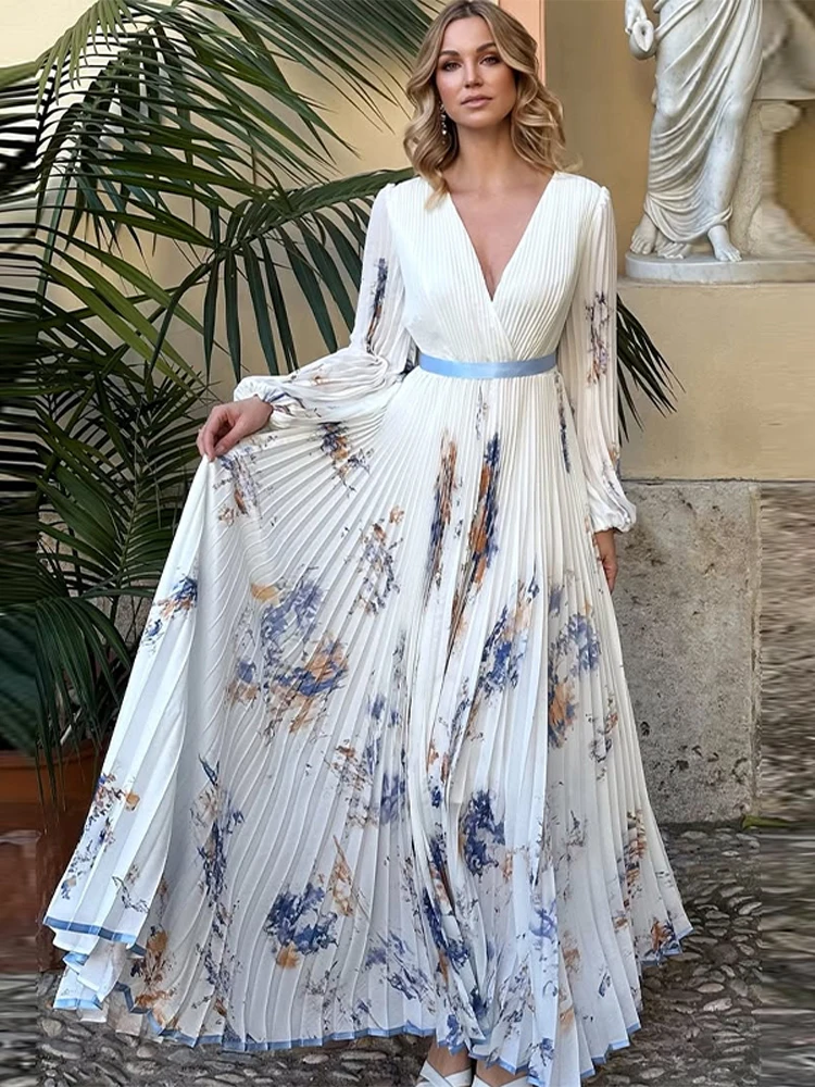 Boho Maxi Dress Deep V Neck Floral Dress Chic Long Sleeve Boho