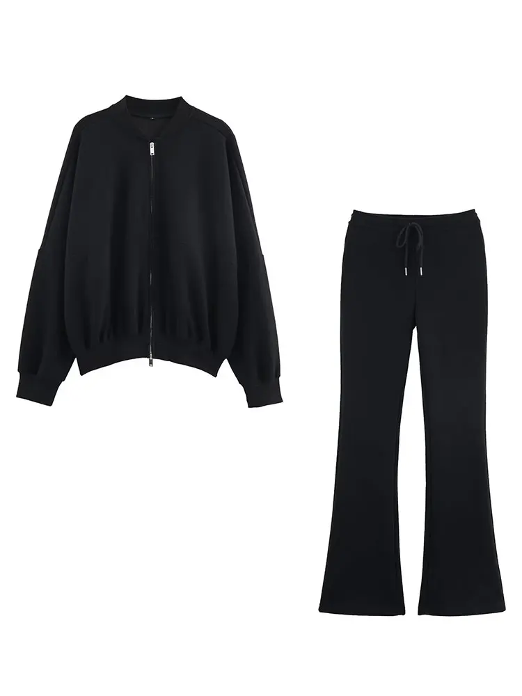 HH Women Elegant Solid Flared Pants Sets Long Sleeve Bomber Jackets Drawstring Trousers Autumn Women Casual Jogging Pant Suits
