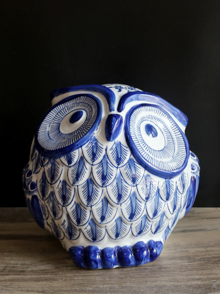 

Modern New Chinese Classical Owl Blue and White Porcelain Decoration Living Room TV Bench for Bedroom Home Ornament