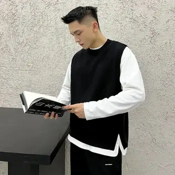 남성용 민소매 니트 스웨터, 단색 블랙 무지 조끼, 한국 2023 가을 패션 티셔츠, 골프 S