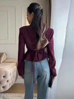 Blazer chic plissé à taille cintrée pour femme, col en V, simple boutonnage, avec lacets, manteau décontracté et ajusté pour le quotidien, collection 2026 6