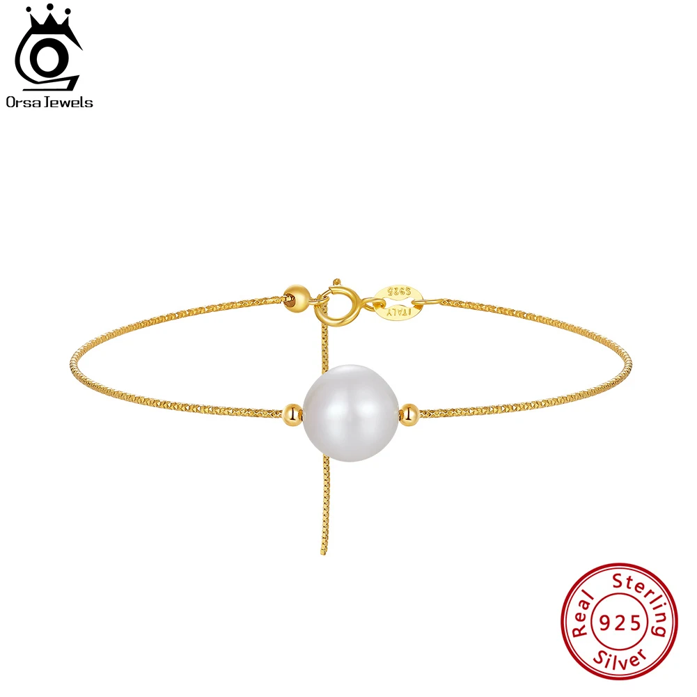 

ORSA JEWELS 14K Gold 925 Sterling Silver 8mm Freshwater Pearl Bracelet for Women Delicate Vintage Hand Chain Jewelry GPB35