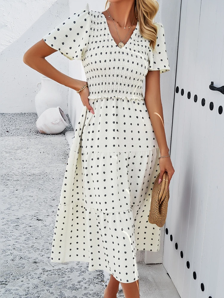 

New Spring Summer Women's Casual Dresses Women Elegant Short Sleeve Solid Color V-neck Dress Office Lady Fashion Traf Long Skirt