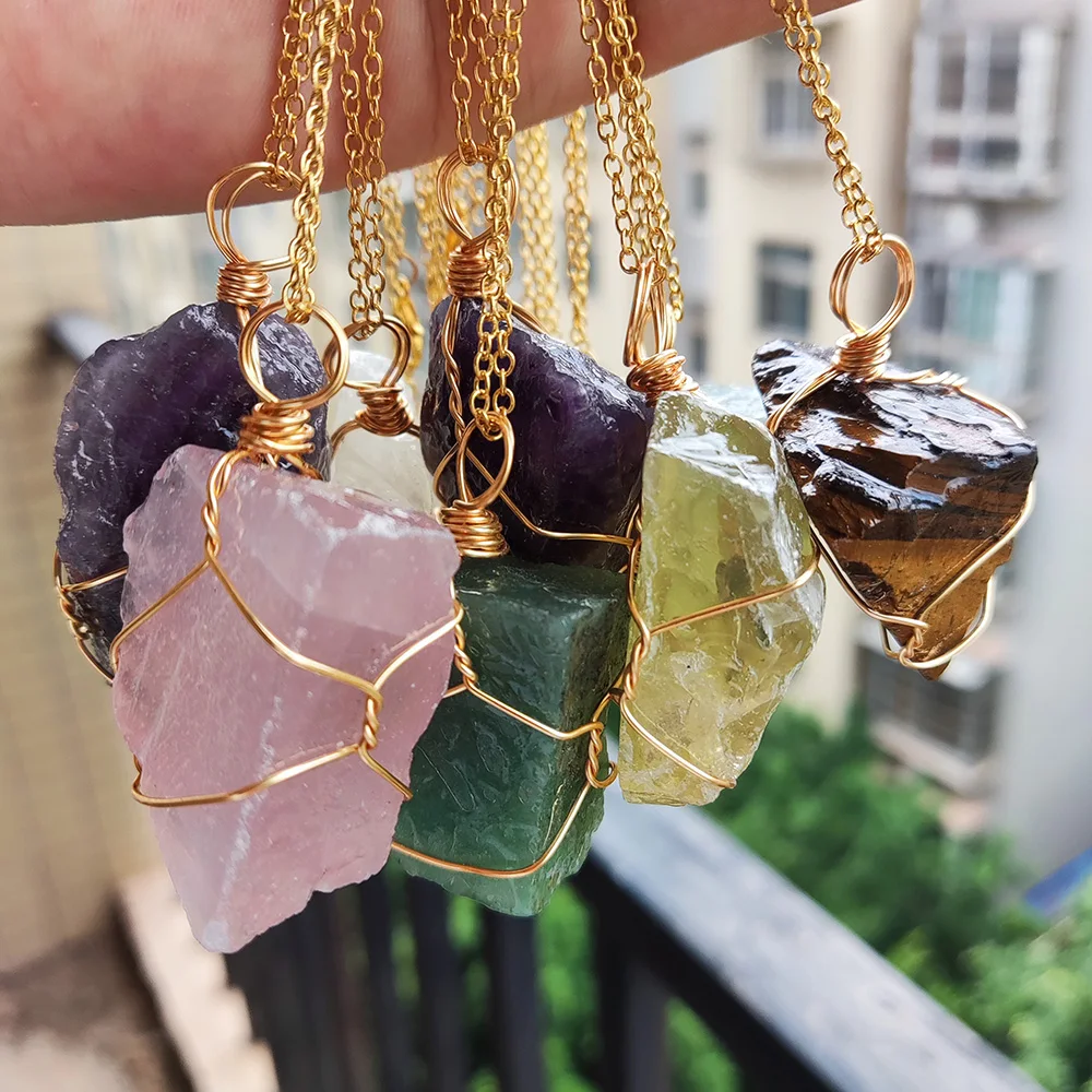 Wire Spiritual Rock Necklaces Natural Raw Stone Pendant Handmade