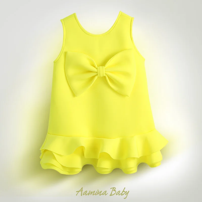New 2023Princess One piece Formal Wedding Bow Brithday Party Children Dress Kids Clothes For