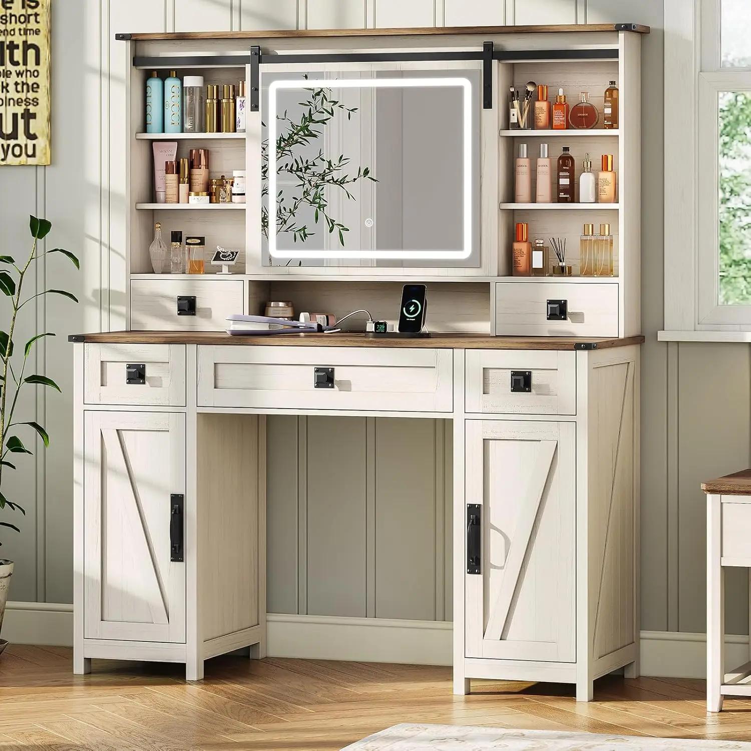 Farmhouse Makeup Vanity Desk – Sliding Mirror with Lights 1
