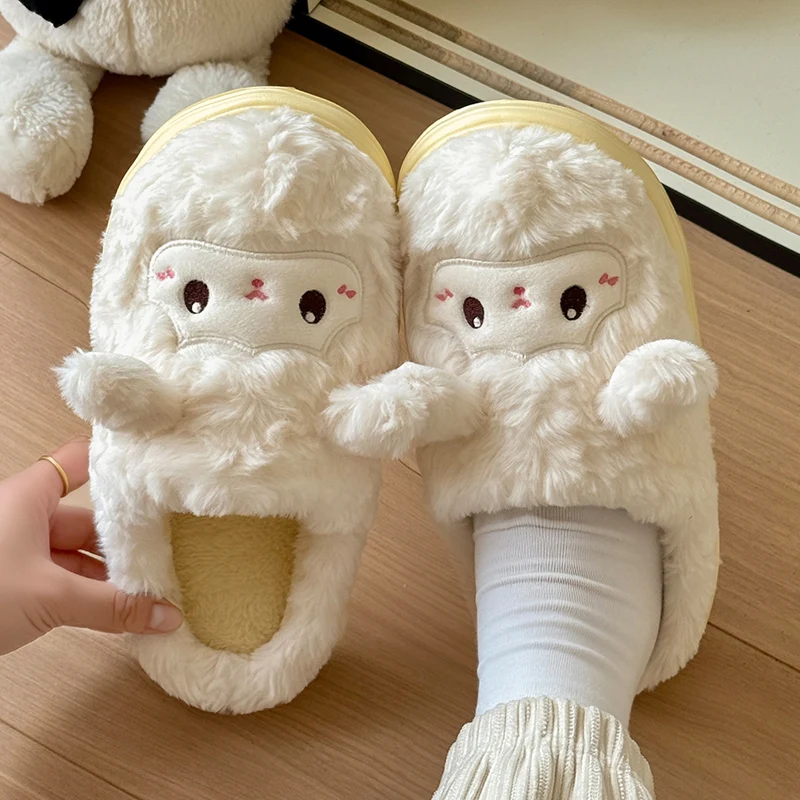 Cute Cartoon Non Slip Cotton Slippers Women Comfortable Soft Sole Warm Plush Home Slippers Woman Indoor Thick Sole Fluffy Slides