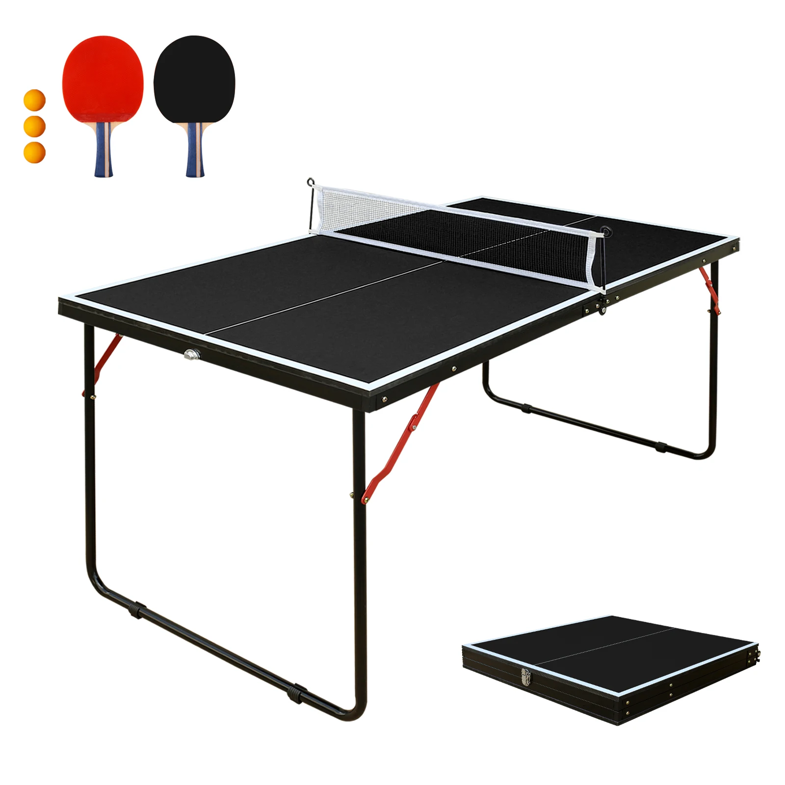 20522-031819.jpg 4.5 ft Black Foldable Table Tennis Table Set, Portable Ping Pong Table with Net and 2 Paddles