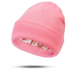 Women's Stylish & Versatile Autumn - Winter Knitted Woolen Satin Hat (Pink)
