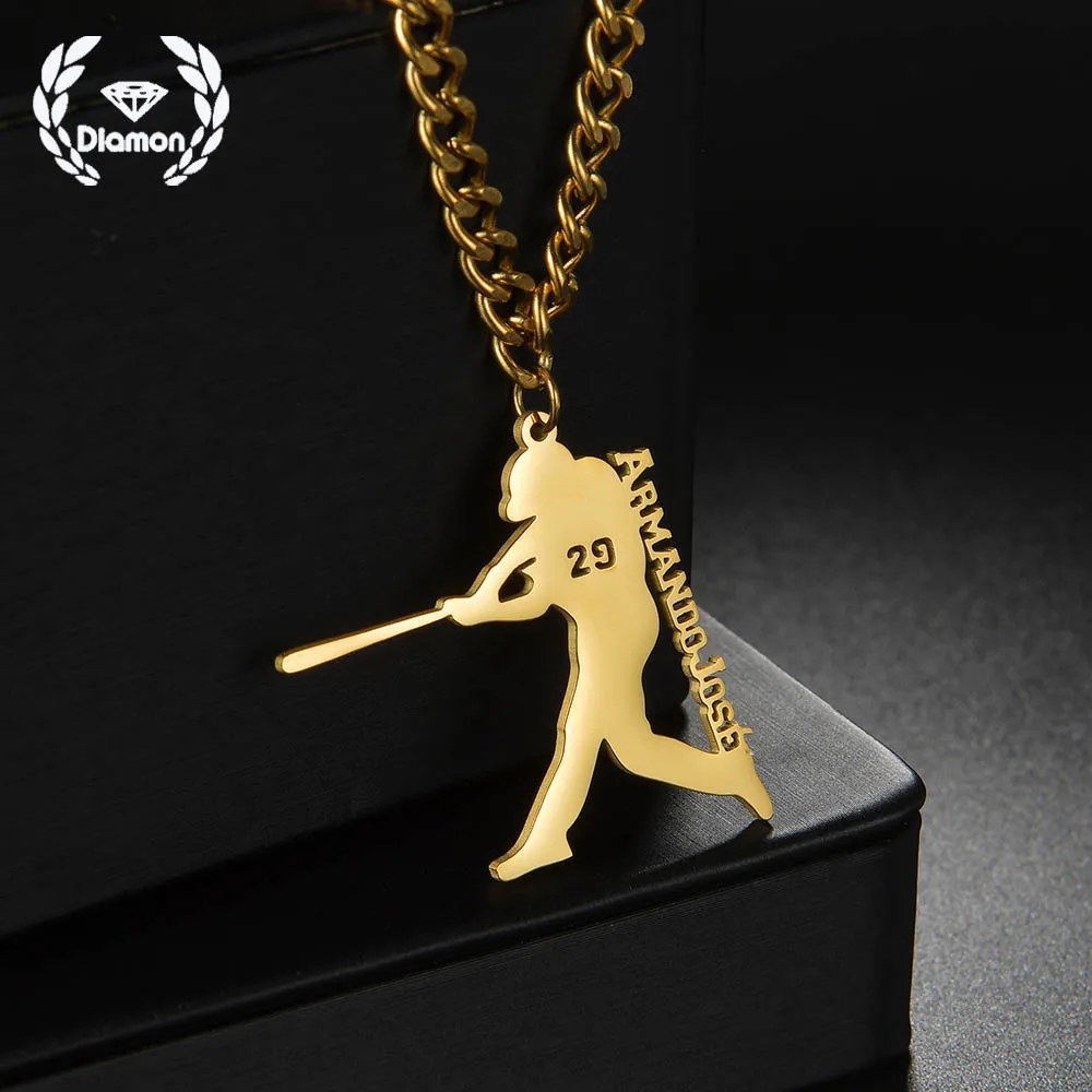 

Diamon Personalized Custom Name Necklace Stainless Steel Jewelry Baseball Bat Nameplate Thick Chain Pendant for Women Gifts