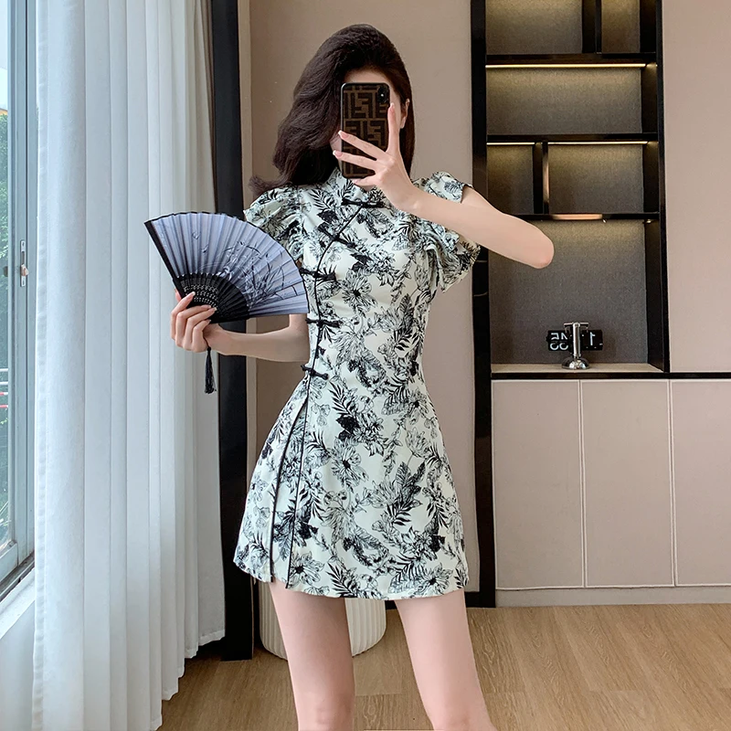 Two Piece Modern Improved Cheongsam Chinese Style Ink Painting