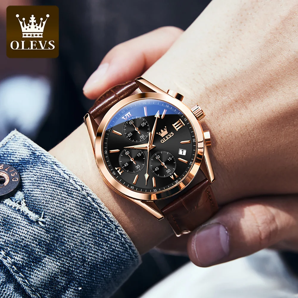 OLEVS Luxury Business Man Wristwatch Waterproof Luminous Date Week Men Watch For Men Quartz Clock Leather Men's Watches reloj