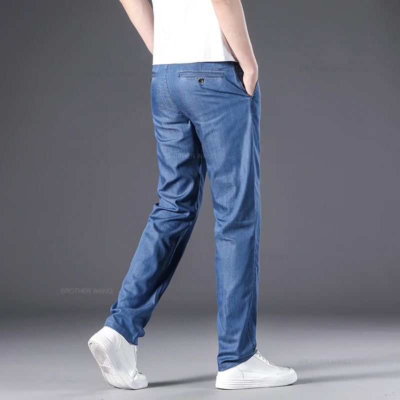 Summer Thin Men's Casual Straight Jeans Classic High Waist Ice Silk Drape Business Loose Denim Pants Black Blue Brand Trousers 4