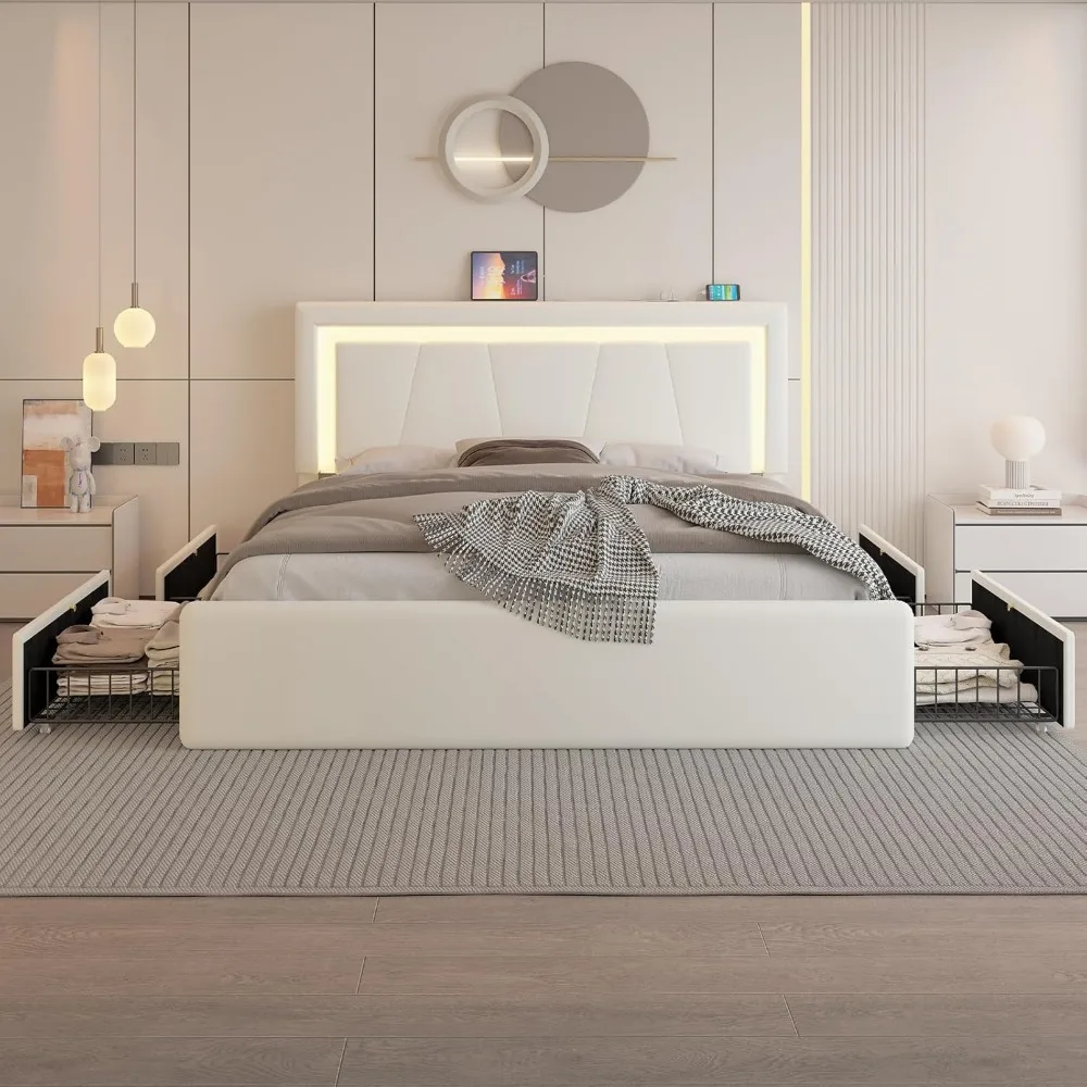 Queen Size Bed Frame with 4 Storage Drawers and LED Lights, Upholstered Platform Bed with Adjustable Headboard 2