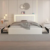 Queen Size Bed Frame with 4 Storage Drawers and LED Lights, Upholstered Platform Bed with Adjustable Headboard 2