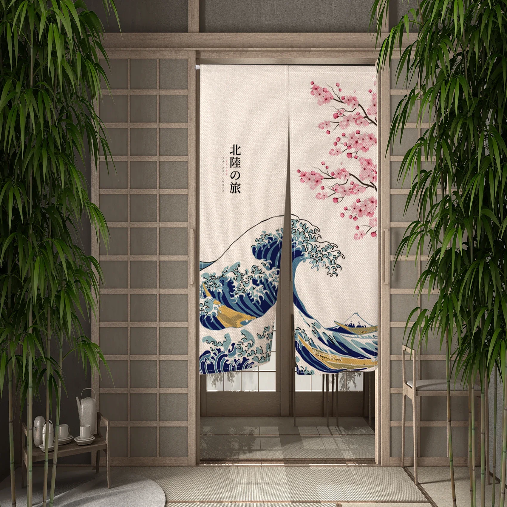 Japanese Cherry Blossom Carp Streamer Corrugated Linen Door Curtain Restaurant Kitchen Partition Customizable Blackout Curtain 4