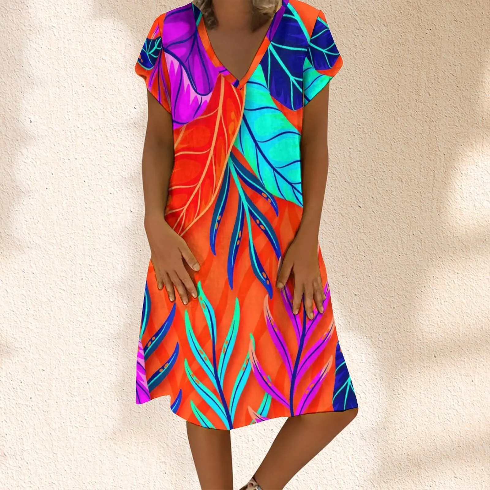 

Summer Women's Sexy Dress Boho Sundress Doodle Leaves Print Vintage Woman Clothes