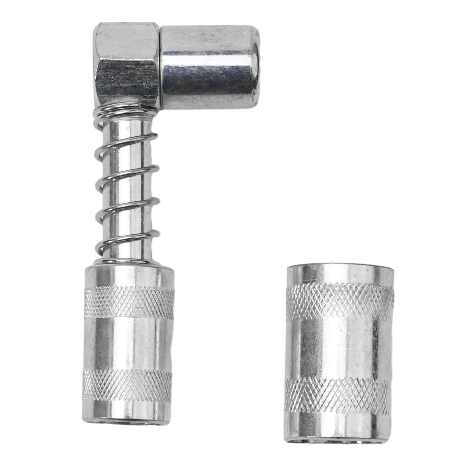 

Reliable 90 Degree Grease Nozzle Adapter 3 Jaw Coupler Tool Spring Loaded Sleeve Locks Durable Carbon Steel Material