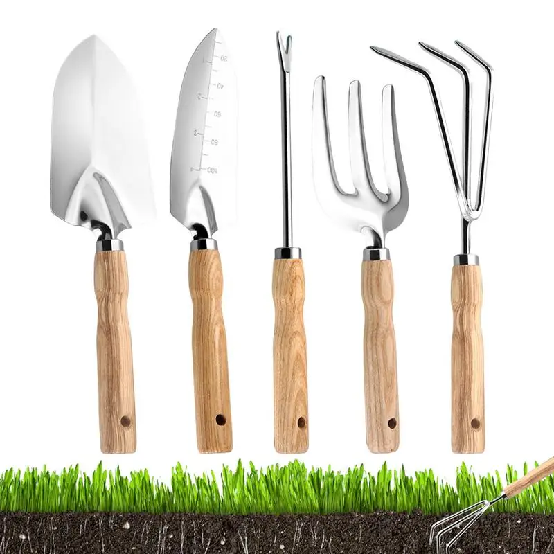 

Gardening Tool Set Stainless Steel Garden Hand Tools 5PCS Ergonomic Handle Root Picker Fork Rake Shovels For Indoor Plant Pots