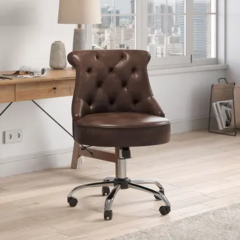 Mid Back PU Leather Upholstered Swivel Office Chair, Height Adjustable Armless Office Chair with Pulleys,Brown