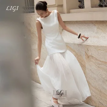 Abito da sposa LIGI elegante in chiffon avorio, scollo a O, senza maniche, senza schienale, lunghezza a terra, per feste di fidanzamento, personalizzabile 2027