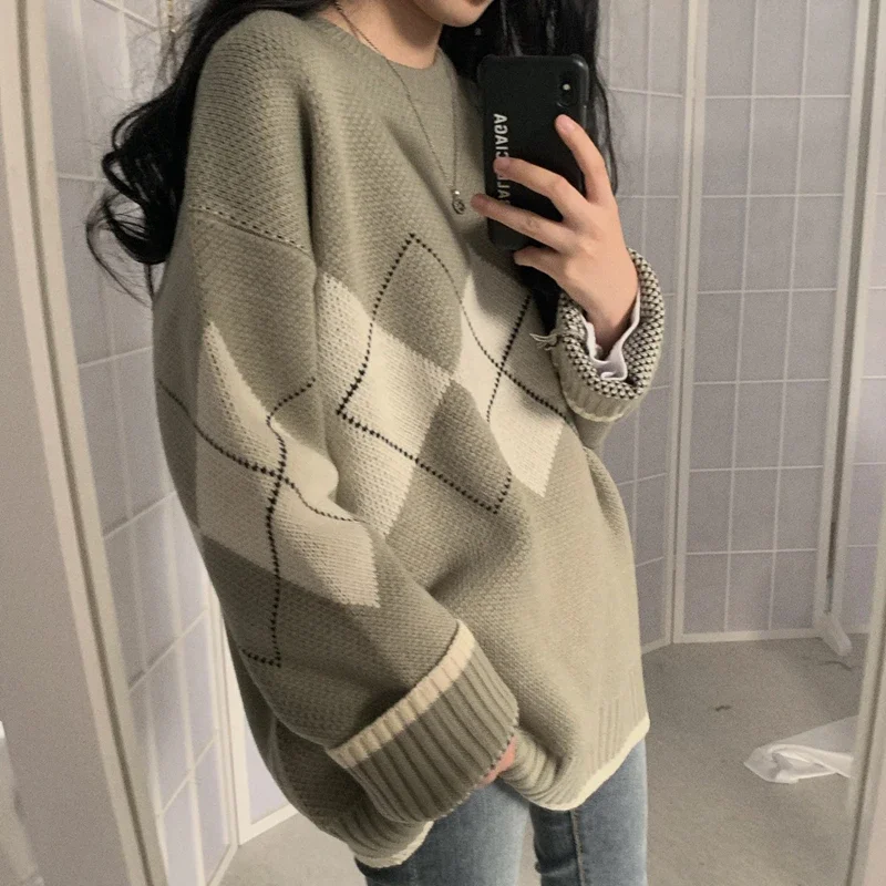 

Women's Old Street Sweater Fall/Winter Sweater Long Sleeve O-neck Loose Knit Korean Top Simplee lazy oaf Casual Retro Pullover