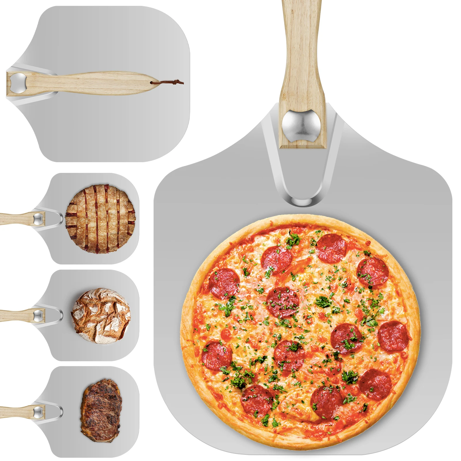 Aluminum Pizza Peel Rectangular Pizza Spatula with Wooden Handle Non-Stick Paddle for Home Kitchen Baking Pastry Tool