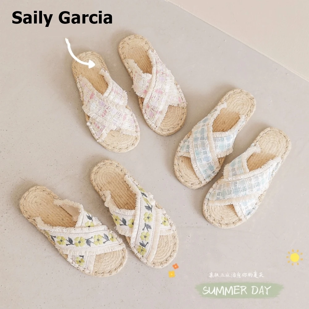 

Espardrilles For Women Round Open Toe Embroider Flat Slippers Summer Cross Belt Casual Straw Slides Lattice Simple Women Sandals