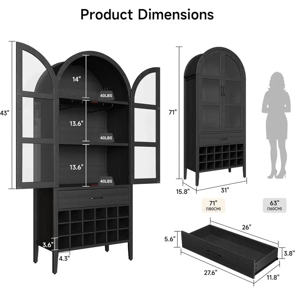 Tall Arched Wine Bar Cabinet with Storage, Bar Cabinet with Doors and Shelves, Liquor or Home, Kitchen Pantry or Dining