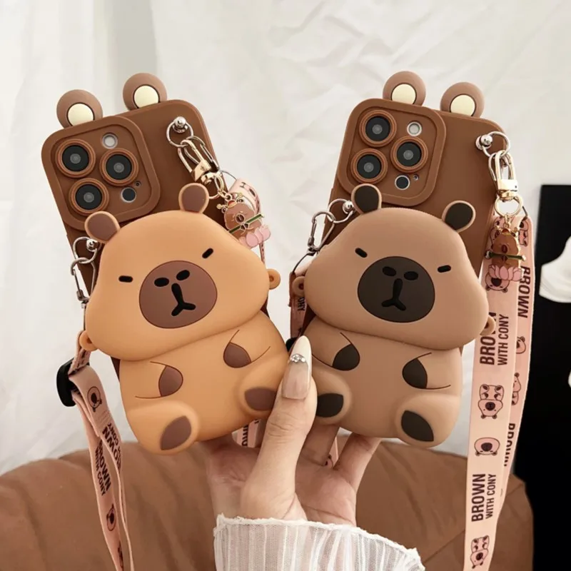 3D Cartoon Kapibala Wallet Phone Case with Rope
