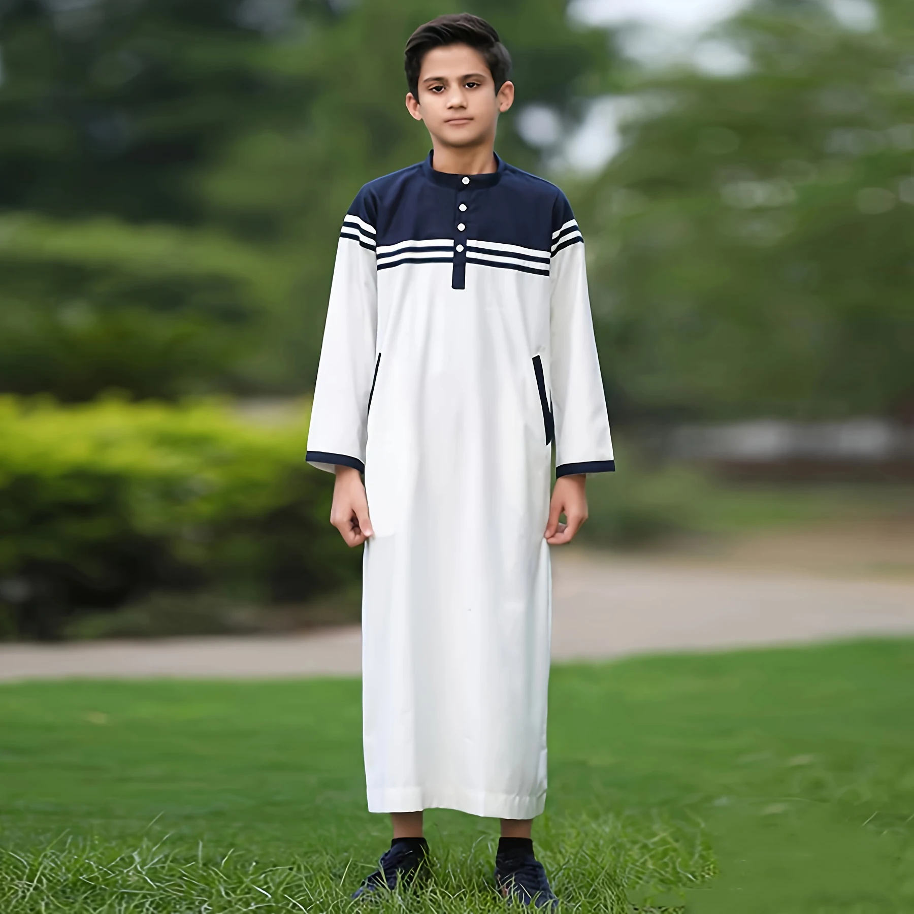 Ramadan Middle East Muslim Islam Kids Abaya Arab Dubai Türkiye Boys' Thobe Solid Color Contrast Button Stripe Junior Boys' Robe