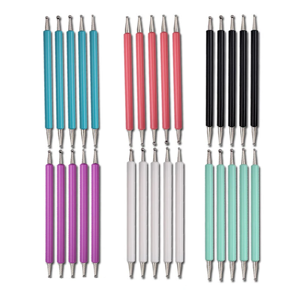 5pcs/Set Dual-Ended Nail Art Dotting Pen Rhinestones Handle 3D UV Gel Liner Flower Pattern Drawing Painting Brush Manicure Tools 5