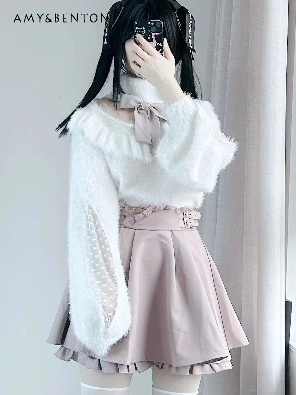 

Japanese Mine Mass-Produced Heart-Shaped Lace Long Sleeve Imitated Mink Sweater Women Preppy Style Sweet Cute Bow Slim Pullover