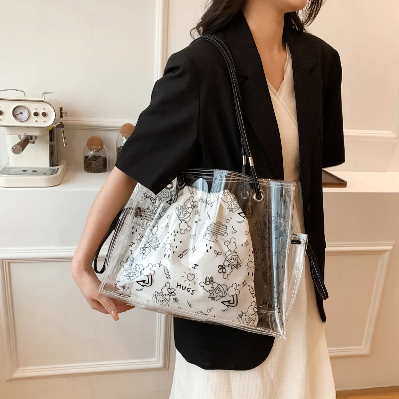 Large Capacity PVC Clear Transparent Tote Bag for Women Fashion Graffiti  Composite Handbag Letter Printed Shopping Shoulder Bags