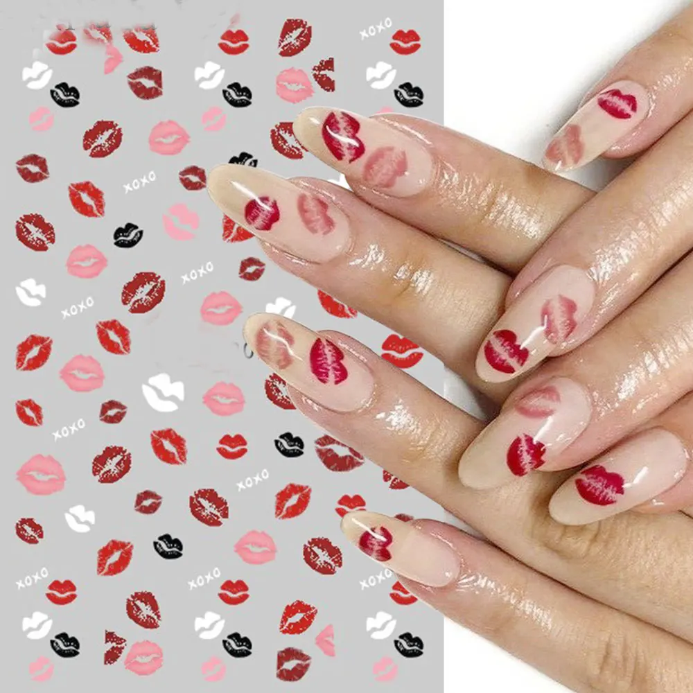 2pcs Valentine's Red Lips Nail Art Stickers Black White Lips Love Gift Nail Gel UV Stickers Cartoon 3D DIY Nail Art Decorations 3