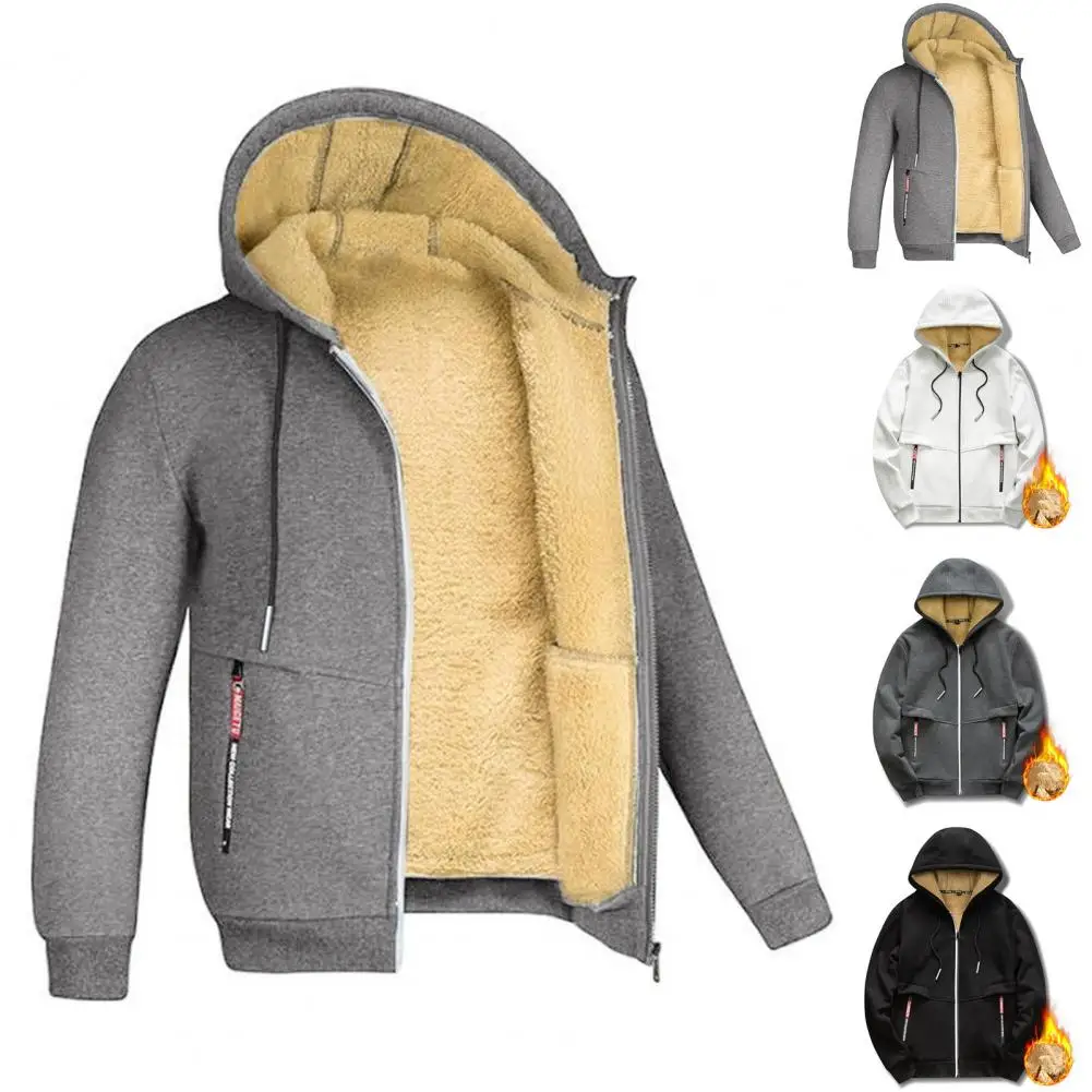 

Men Winter Hooded Jacket Zipper Closure Windproof Long Sleeve Overcoat Fleece Lining Sweatshirt Warm Coat Winter Clothing