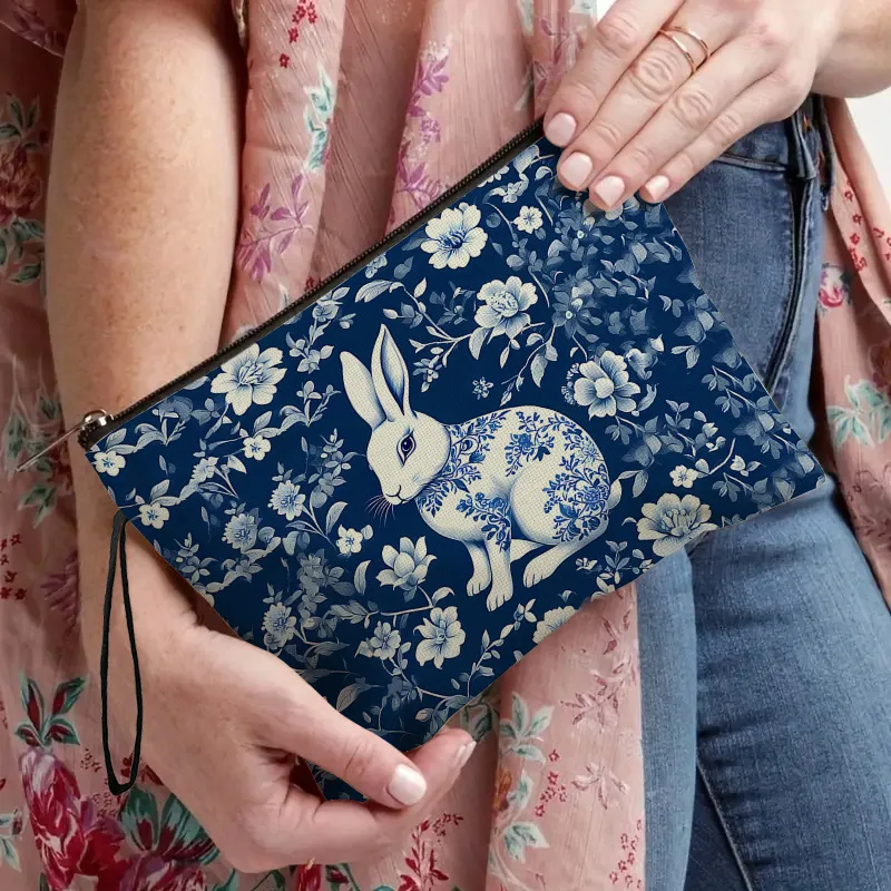 Make-up-Aufbewahrungstasche im Vintage-Stil mit blauem Blumen-Kaninchen-Aufdruck für modische Lippenstifte, Make-up-Tasche für Damen, tragbare Make-up-Tasche