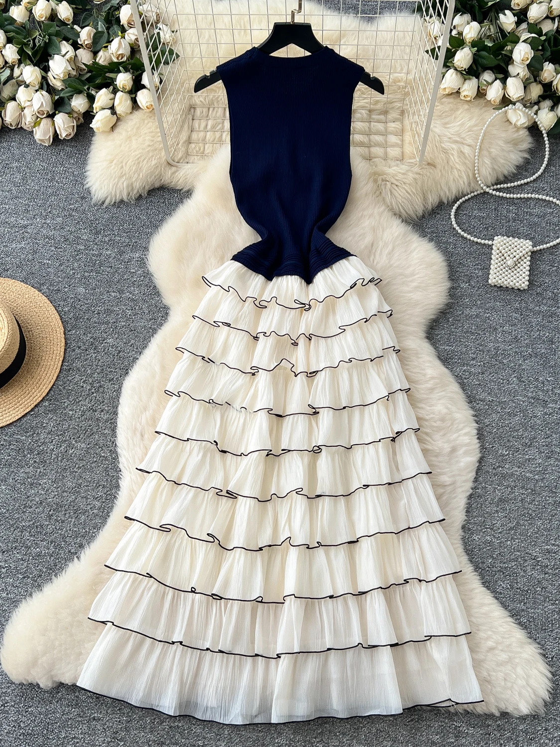 High-End Knitted Floral Contrast Color Svel Layered Cake Dr Women's Long Dr High Waist A-Line Casual Sle Summer...