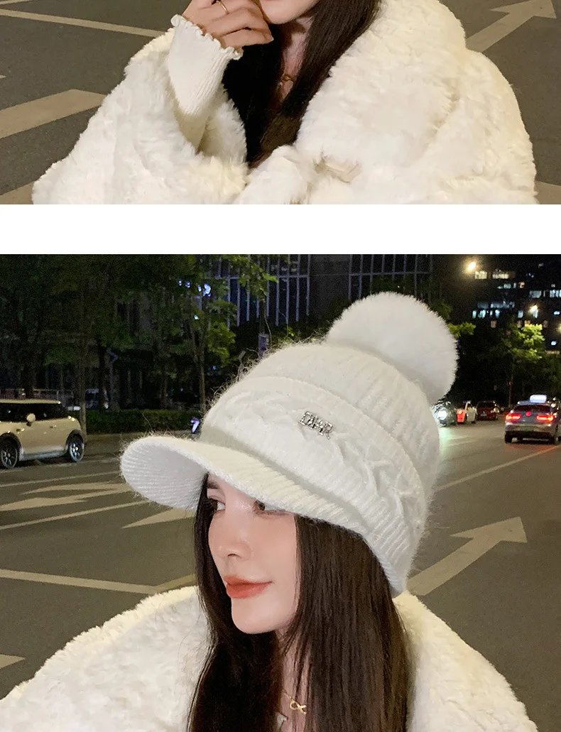 Chapeau tricoté chaud à la mode pour femmes, avec oreillettes, langue de canard, bonnet d'extérieur épais et rembourré en coton, hiver 2023_voghion.com