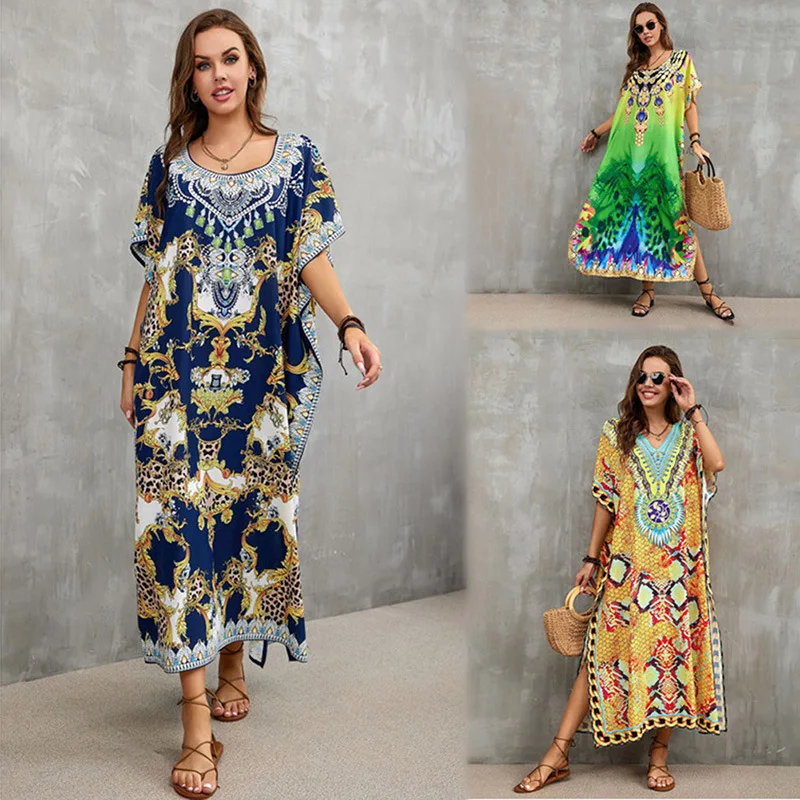 European and American New Beach Cover-up Silky Feel Positioning Print Robe Resort Swimsuit Dress