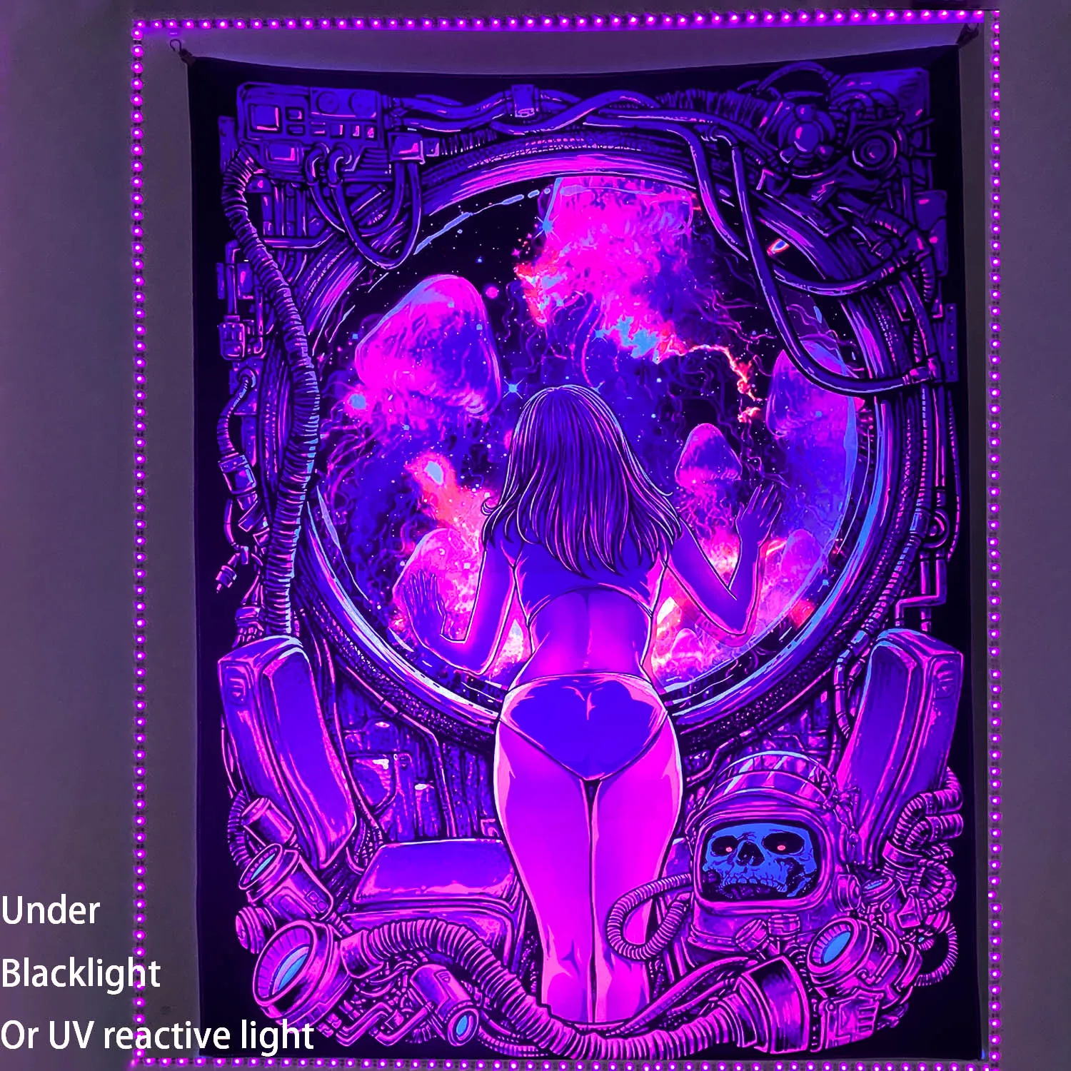 Tapestry Decor Canvas Girl Looking At Jellyfish UV Reactive Galaxy Space Tapestries For Wall Hanging