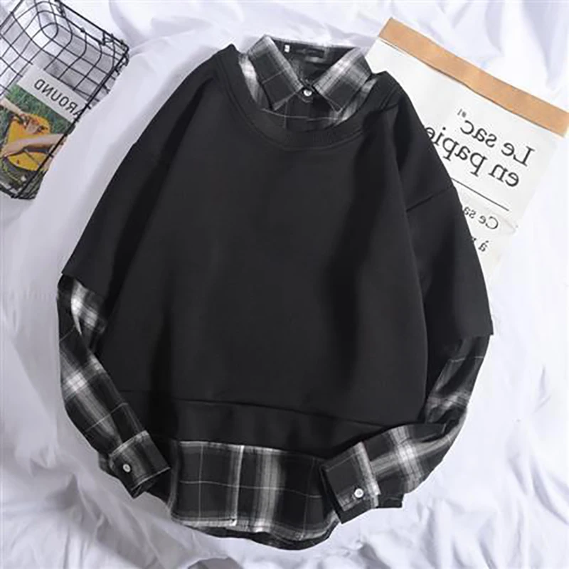 Fake Two Spliced Plaid Print Long Sleeve Men Sweatshirt Korean Fashion Casual Harajuku Oversized Couples T Shirt High Street Top