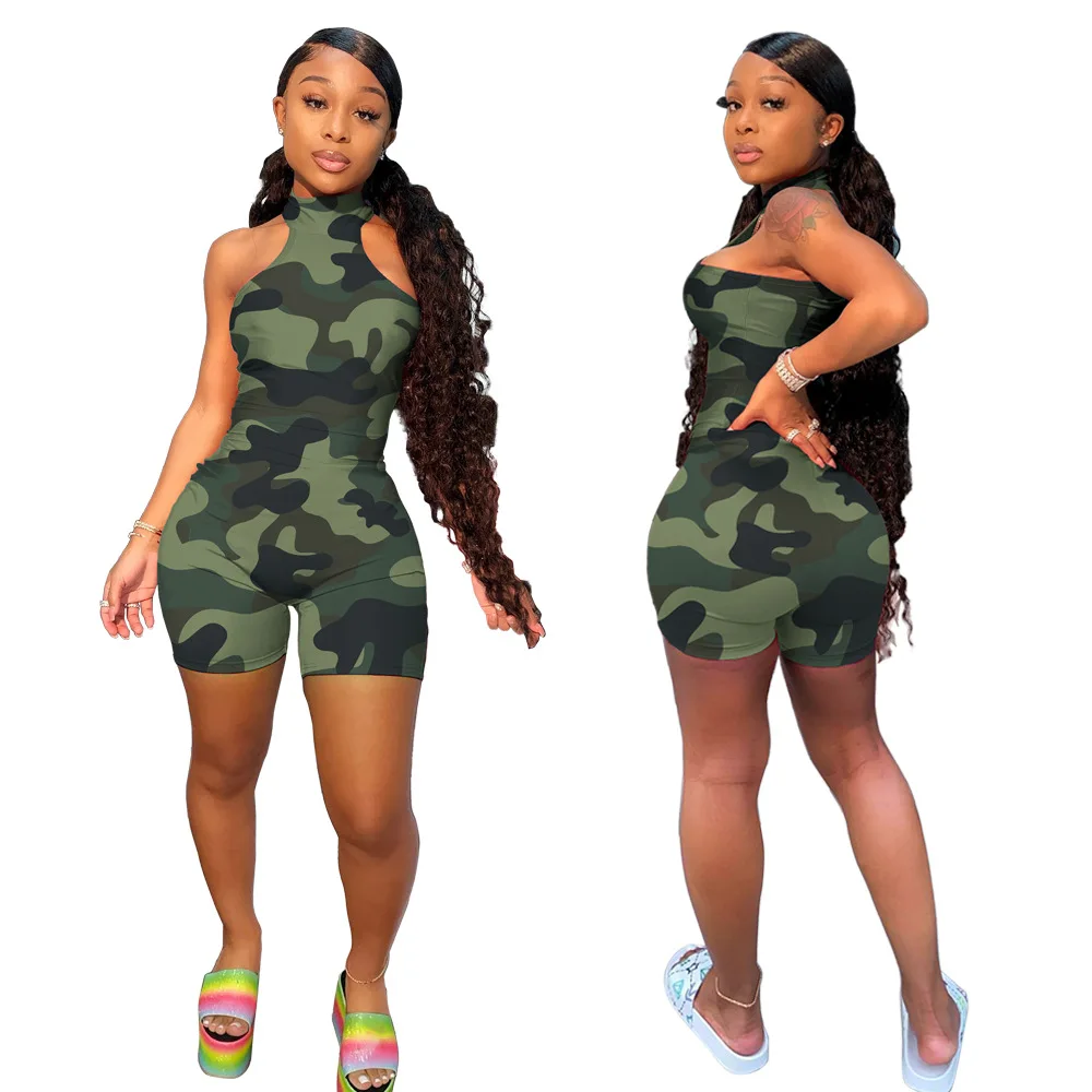 

Echoine Camouflage Print Halter Sleeveless Stretch Active Fitness Playsuit Woman Romper 2023 INS SexyShort Jumpsuit