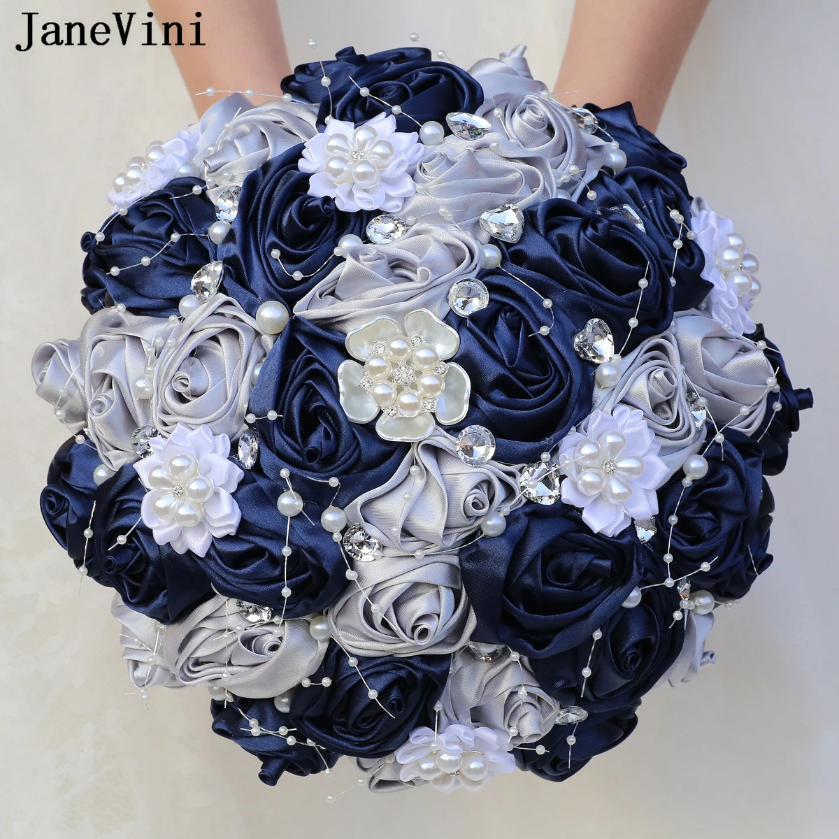JaneVini Navy Blue and Silver Satin Wedding Bouquet for Bride Bridesmaids Handmade Rose Crystal Pearls Luxurious Bridal Flowers