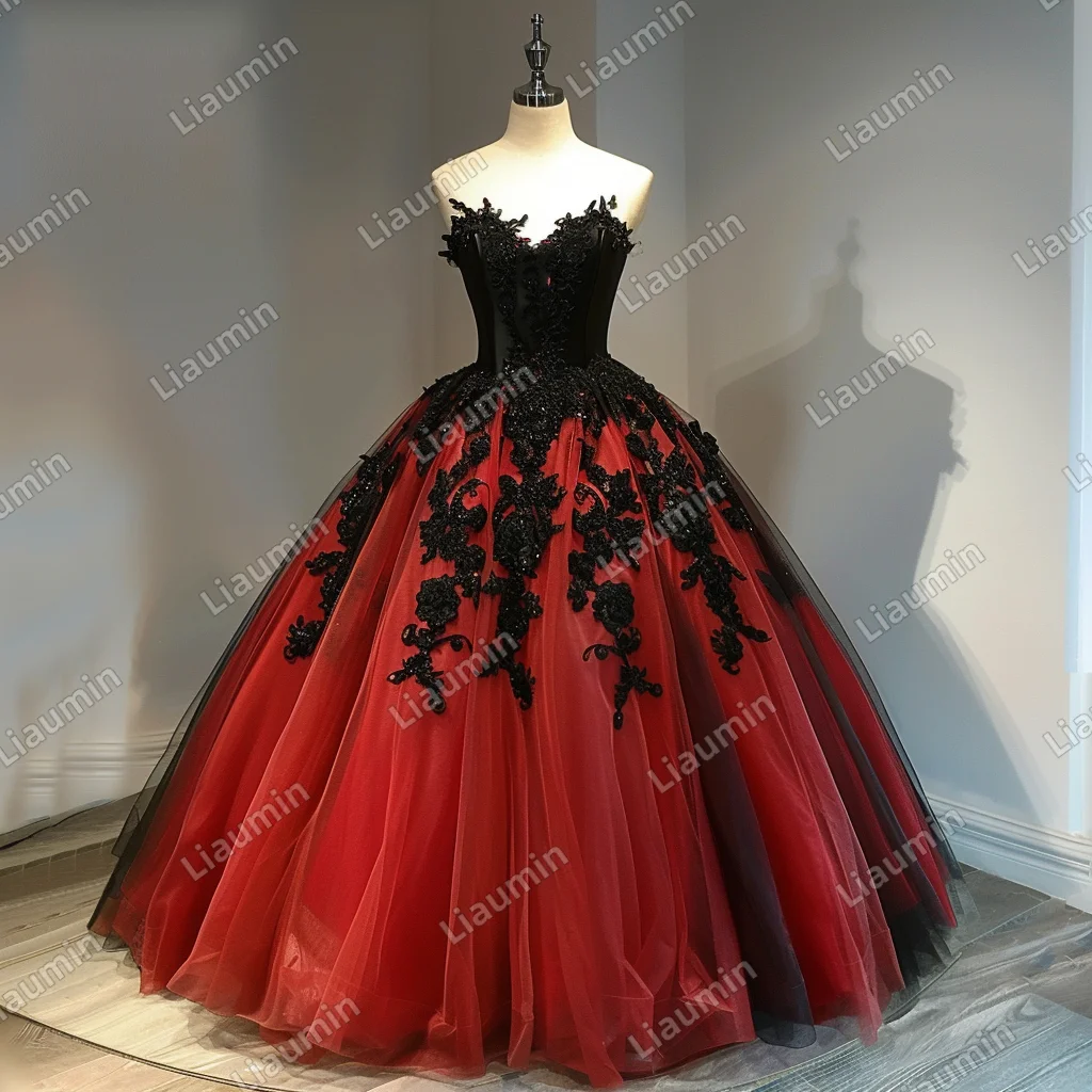 

Exquisite Classic Red Tulle Black Lace Strapless Floor Length Evening Prom Lace Up Dress Princess Formal Party Custom J4-7.9