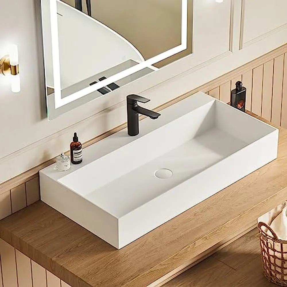 Rectangle Vessel Sink Matte White Stone Resin 30"x18" Wall Mount Bathroom Sink with Pop-up Drain Scratch-Resistant Minimalist 5