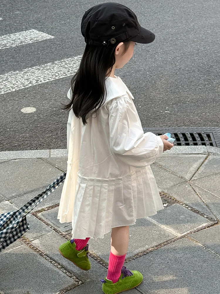 2025 Autumn New Girls Preppy Style Pleated Dress Solid Children Long Sleeve Dress Baby Girl Large Lapel Loose Dress Kids Clothes 2 2025 Autumn New Girls Preppy Style Pleated Dress Solid Children Long Sleeve Dress Baby Girl Large Lapel Loose Dress Kids Clothes - Image 2